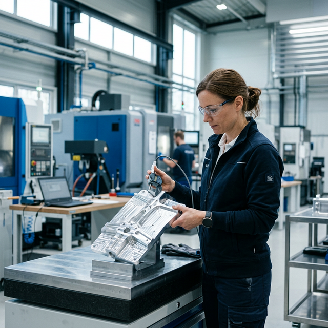 Engenheiro inspecionando peça usinada